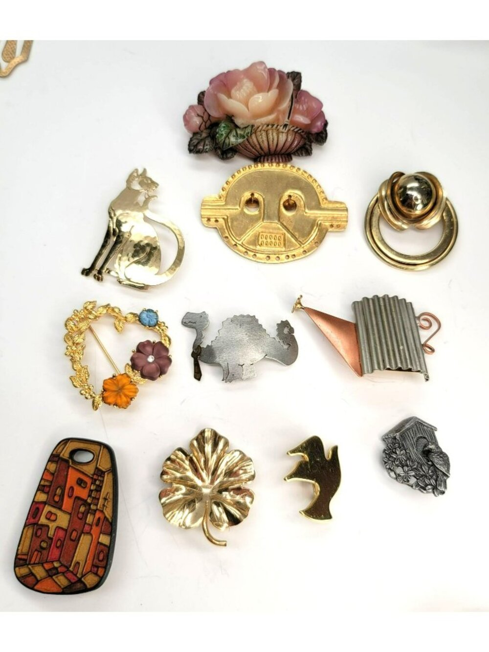 Vintage Pin Brooch Lot 11 Pieces Metal Resin Cat Bird Met Modern Ct553